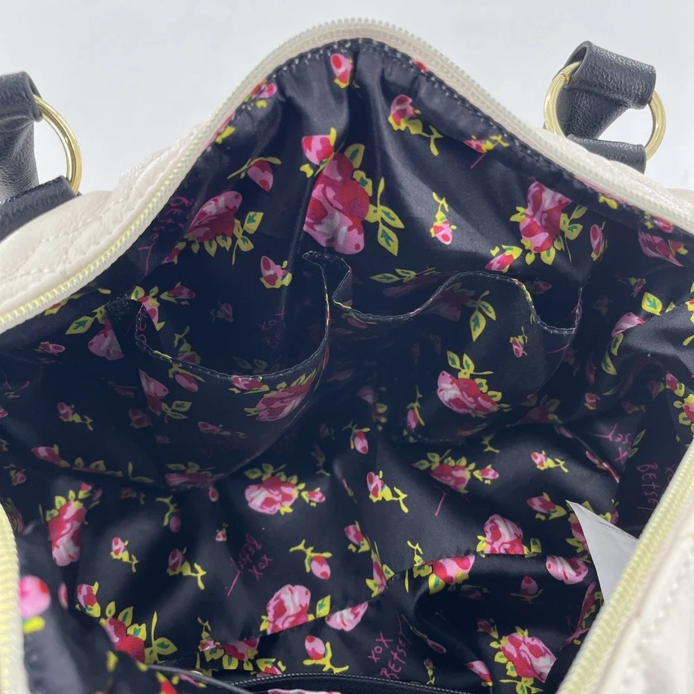 Betsey Johnson Quilted Heart Barrel Satchel Bag Ivory Black Purse Gold Floral